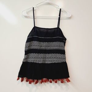 Ana Tank Top Black White Embroidered Red Tassels Womens Extra Small